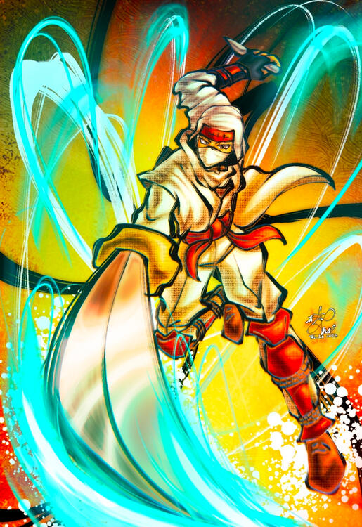 Joe Musashi from SEGA's Shinobi Art of Vengence. To capture his herois action I triedto emmulate the old brush textures that are usually present in traditional ink brushes.